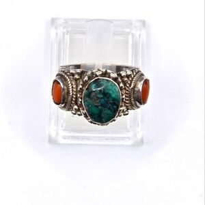 Navajo Chrysocolla & red jasper accent stone Silver Ring Size 9